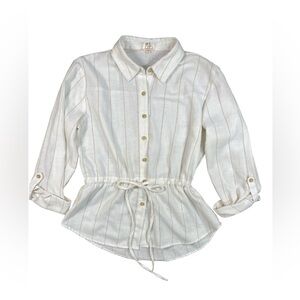 Dizzy Lizzy Cream Striped‎ Button Front Blouse Drawstring Waist L